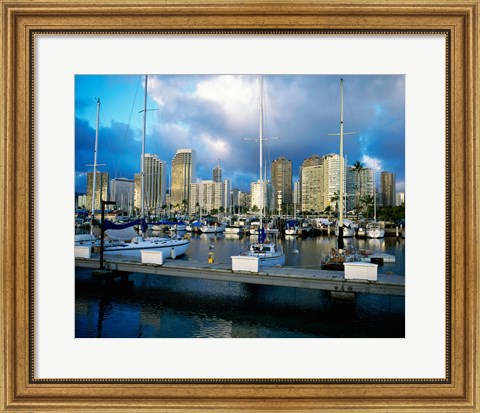 Framed Sailboats docked in a harbor, Ala Wai Marina, Waikiki Beach, Honolulu, Oahu, Hawaii, USA Print