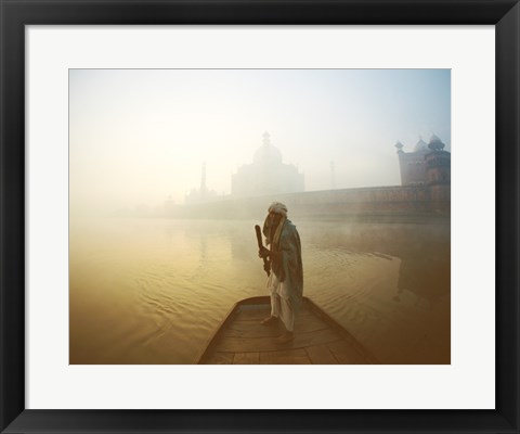 Framed Silhouette of a man standing on a boat in the Yamuna River, Taj Mahal, Agra, Uttar Pradesh, India Print