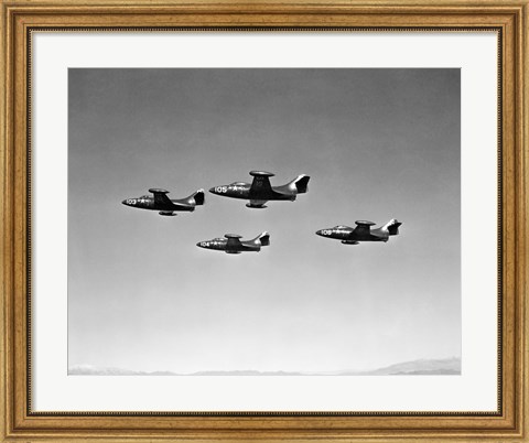 Framed Low angle view of four fighter planes flying in formation, F9F Panther Print