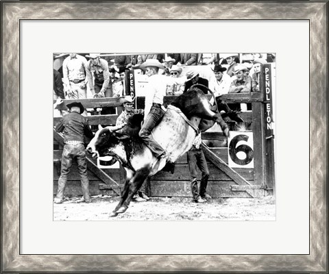 Framed Side profile of a cowboy riding a bull at a rodeo Print