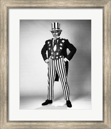 Framed Senior man in an Uncle Sam Costume Standing with Arms Akimbo Print