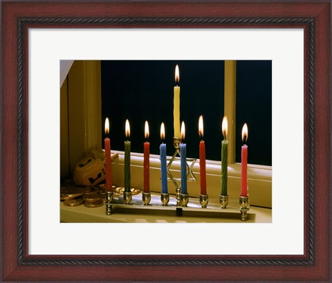 Framed Close-up of a menorah with burning candles and a Star of David Print