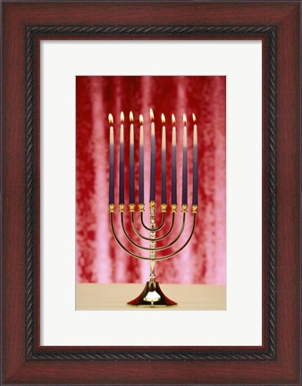 Framed Close-up Of Lit Candles On A Menorah On Red Print
