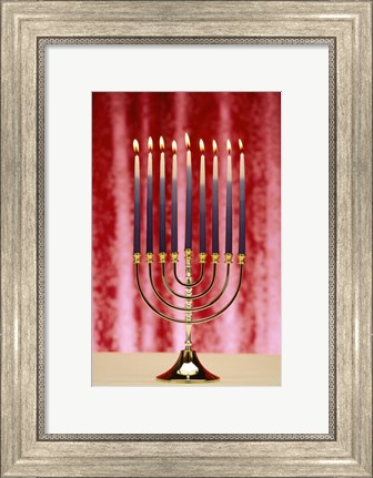 Framed Close-up Of Lit Candles On A Menorah On Red Print