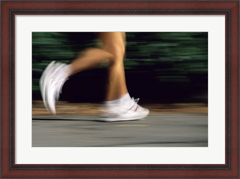 Framed Low Section View Of A Person Running In White Sneakers Print