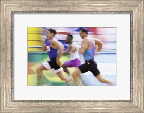 Framed Side profile of three men running on a track Print