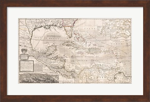 Framed 1732 Herman Moll Map of the West Indies, Florida, Mexico, and the Caribbean Print