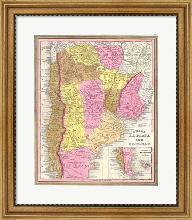 Framed 1846 Burroughs - Mitchell Map of Argentina, Uruguay, Chili in South America Print