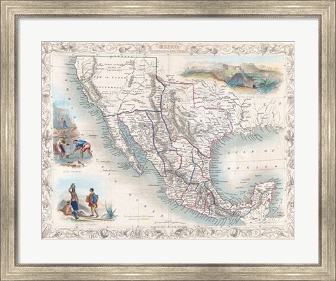 Framed 1851 Tallis Map of Mexico, Texas, and California Print