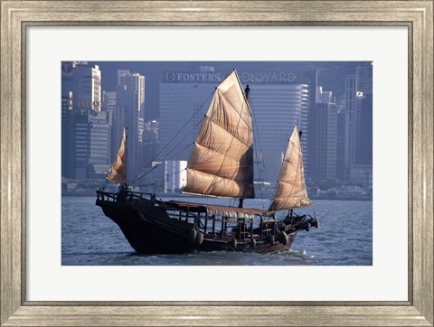 Framed Chinese Junk sailing in the sea, Hong Kong Harbor, Hong Kong, China Print