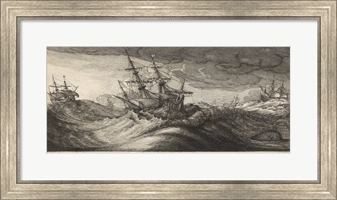 Framed Wenceslas Hollar - Warships and a Spouting Whale Print