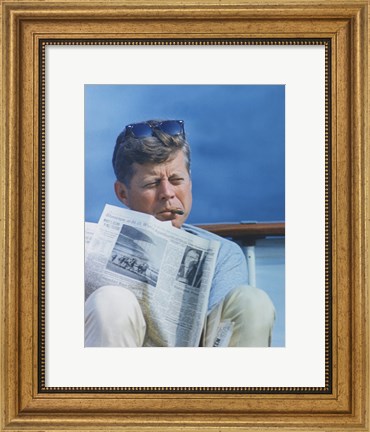 Framed President Kennedy Reading the New York Times Print