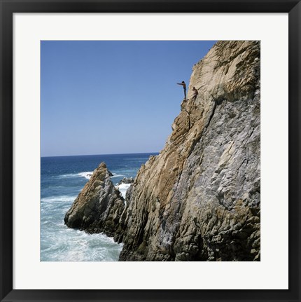 Framed Mexico, Acapulco, La Quebrada, Cliff divers on cliff Print