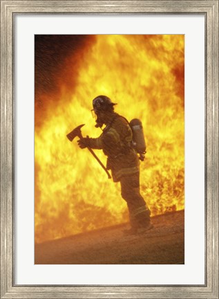 Framed Side profile - firefighter holding an axe Print