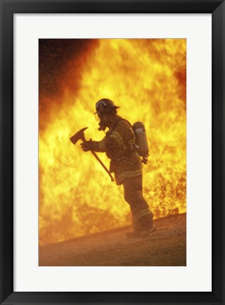 Framed Side profile - firefighter holding an axe Print