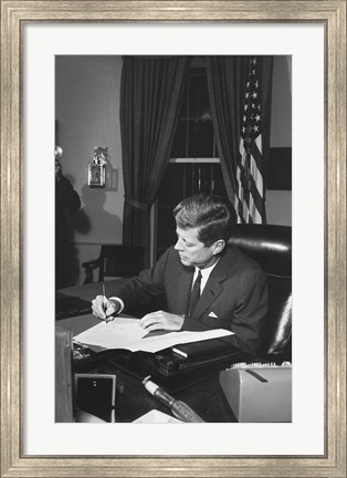 Framed Proclamation Signing, Cuba Quarantine. President Kennedy. White House, Oval Office Print