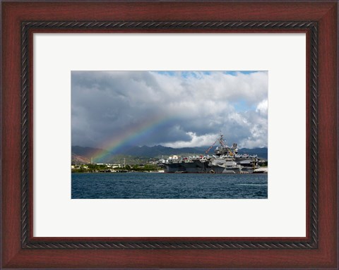 Framed US Navy, A Rainbow Arches Near the Aircraft Carrier USS Kitty Hawk Print