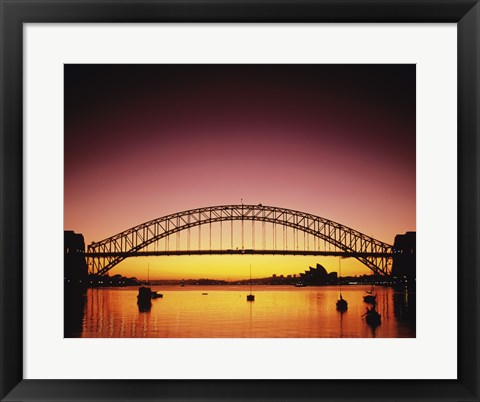 Framed Silhouette of a bridge across a harbor, Sydney Harbor Bridge, Sydney, New South Wales, Australia Print