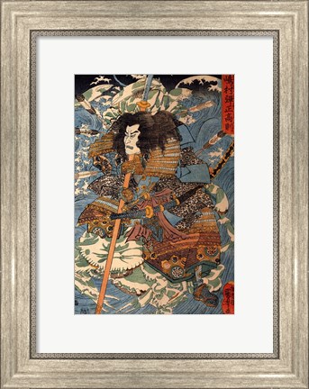 Framed Samurai riding the waves on the backs of large crabs Print