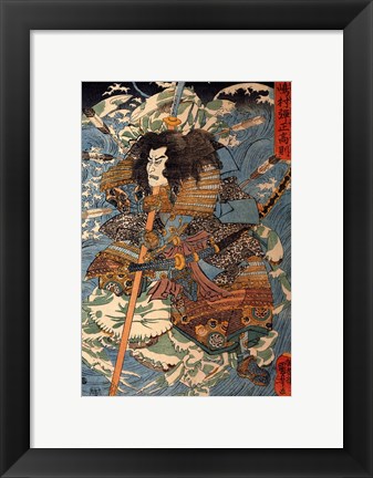 Framed Samurai riding the waves on the backs of large crabs Print