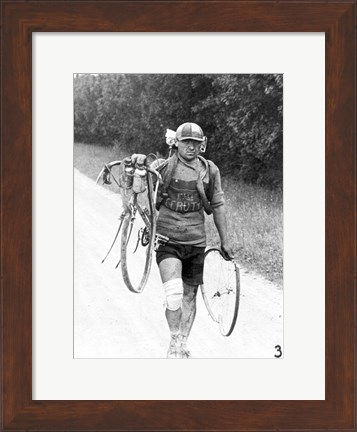 Framed Italian Giusto Cerutti has a broken wheel after a fall. Tour de France 1928 Print