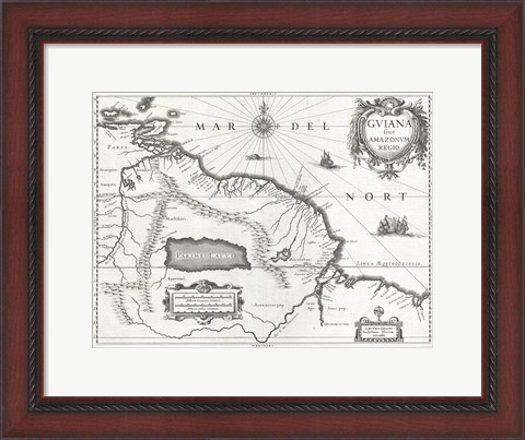 Framed 1635 Blaeu Map Guiana, Venezuela, and El Dorado Print