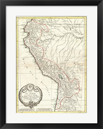 Framed 1775 Bonne Map of Peru, Ecuador, Bolivia, and the Western Amazon Print