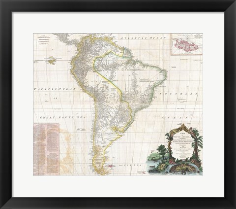 Framed 1780 Raynal &amp; Bonne Map of Southern Brazil, Northern Argentina, Uruguay &amp; Paraguay Print