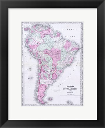 Framed 1863 Johnson&#39;s Map of South America Print