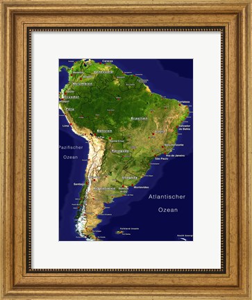 Framed South America - Satellite Orthographic Political Map Print