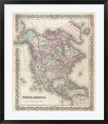 Framed 1855 Colton Map of North America Print