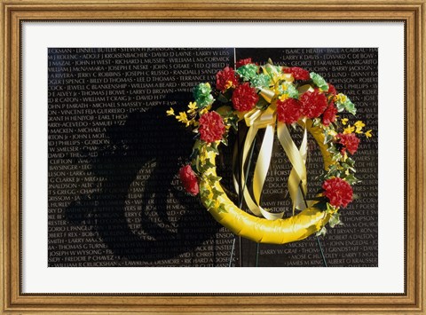 Framed Wreath on the Vietnam Veterans Memorial Wall, Vietnam Veterans Memorial, Washington, D.C., USA Print