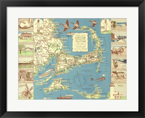 Framed 1940 Colonial Craftsman Decorative Map of Cape Cod, Massachusetts Print