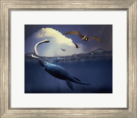 Framed Plesiosaurus and Flying Pteranodons Print