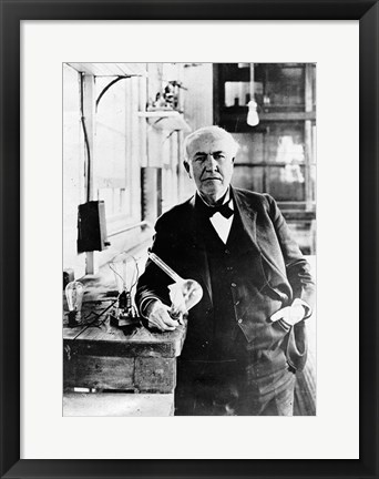 Framed Thomas Edison with the first light bulbs Print