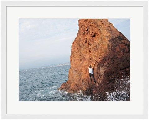 Framed Deep Water Solo on a small rock at Point de l&#39;Aiguille Print