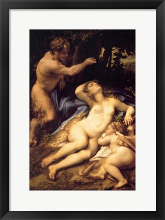 Framed Correggio - Venus and Cupid with a Satyr Print