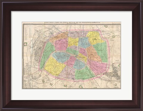 Framed 1867 colored Logerot Map of Paris, France Print