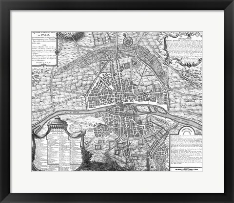 Framed Plan de Paris - black and white map Print