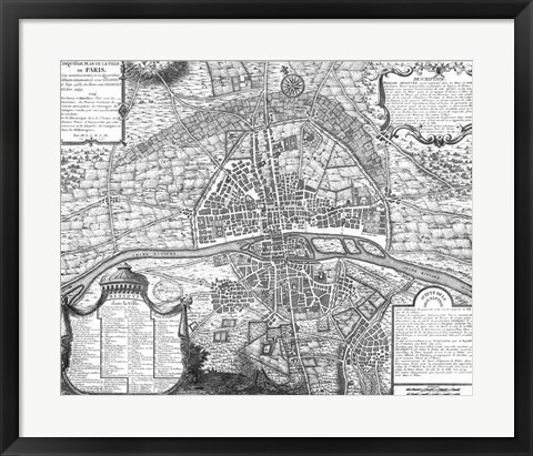 Framed Plan de Paris - black and white map Print