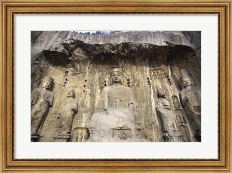 Framed Buddha Statue Carved on a wall, Longmen Caves,  ground view in China Print