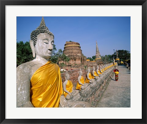 Framed Line of Buddha Statues, Wat Yai Chai Mongkhon, Ayutthaya, Thailand Print