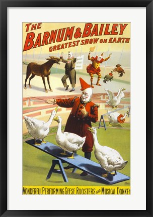 Framed Barnum &amp; Bailey Performing Geese, Roosters and Musical Donkey Print
