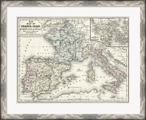 Framed Map of France, Spain &amp; Italy Print