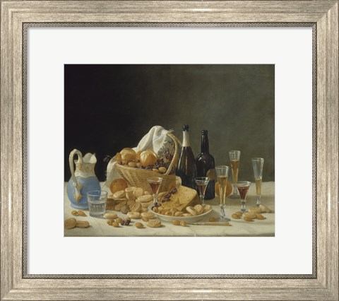 Framed Still Life with Wine Bottles and Basket of Fruit, 1857 Print