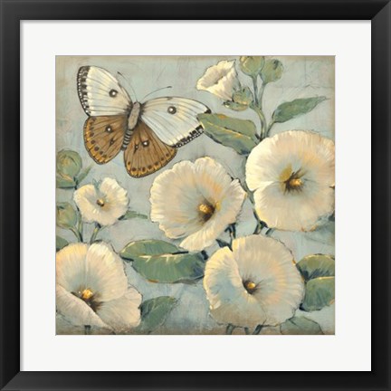 Framed Butterfly &amp; Hollyhocks II Print