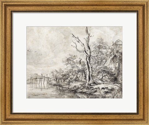 Framed Dead Tree by a Stream at the Foot of a Hill Print