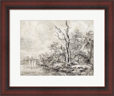 Framed Dead Tree by a Stream at the Foot of a Hill Print
