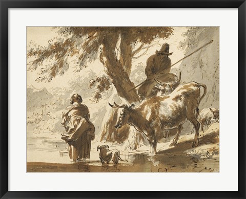 Framed Cows Crossing a Ford with a Couple and a Dog Print