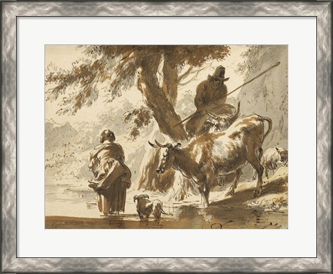 Framed Cows Crossing a Ford with a Couple and a Dog Print